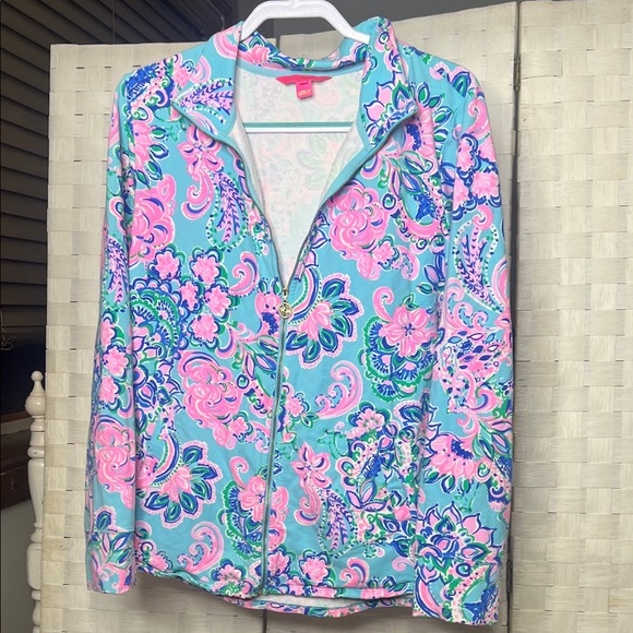 Lilly Pulitzer Aqua Floral Zip Swim Jacket with Pink and Navy Accents XL